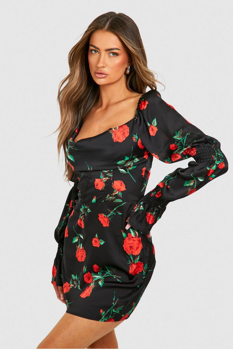 Vestido mini estilo corsé con estampado de rosas, Black image number 1