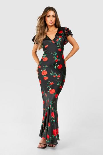 Black Rose Print Frill Sleeve Maxi Dress