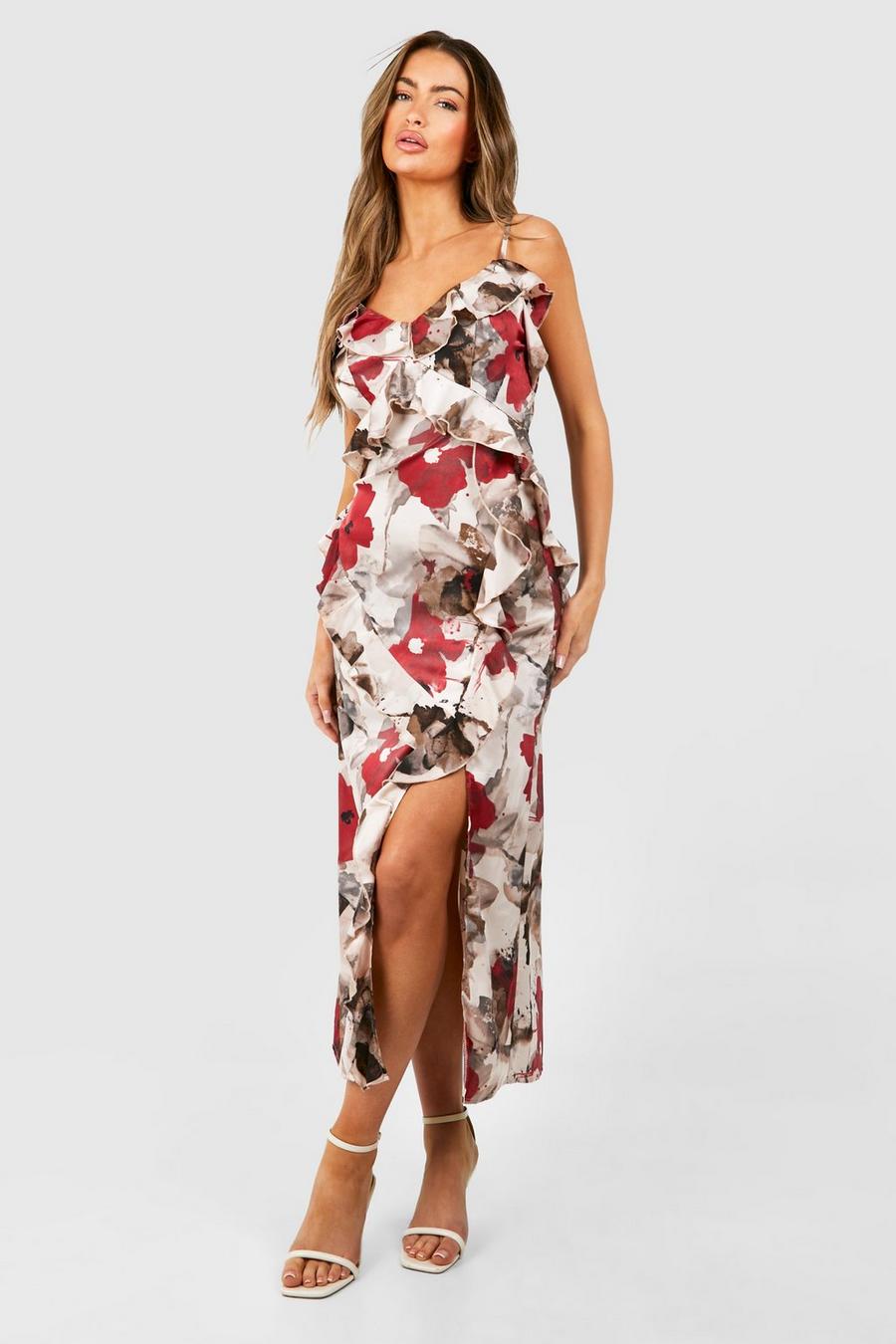 Champagne Floral Satin Ruffle Midi Dress image number 1