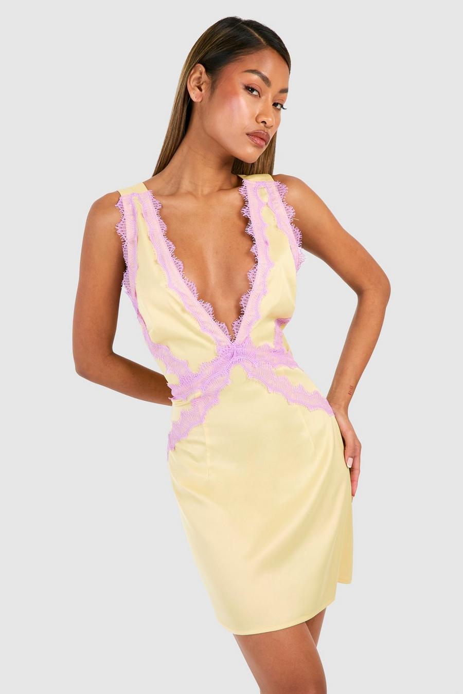 Yellow Lace Trim Satin Mini Slip Dress image number 1