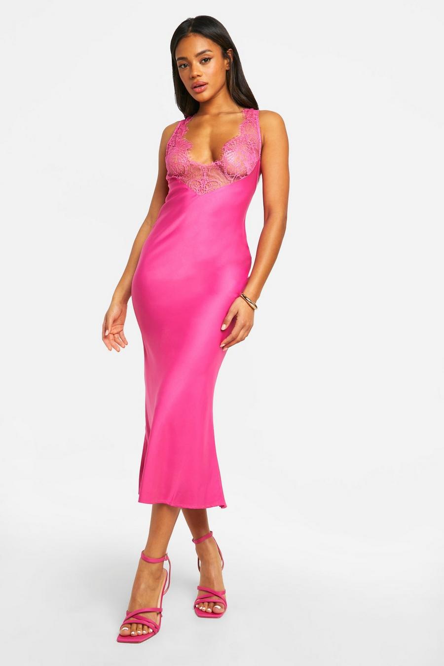 Hot pink Midiklänning i satin med spetskant image number 1