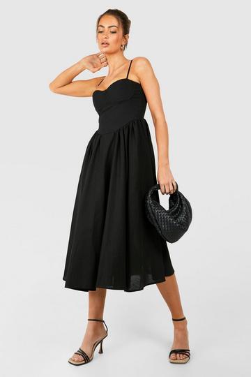 Linen Milkmaid Midi Dress black