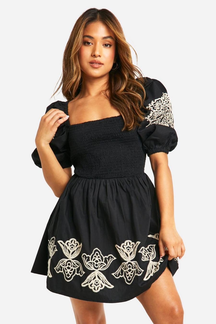 Black Petite Embroidery Puff Sleeve Mini Dress image number 1