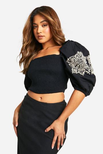 Black Petite Embroidery Puff Sleeve Crop Top