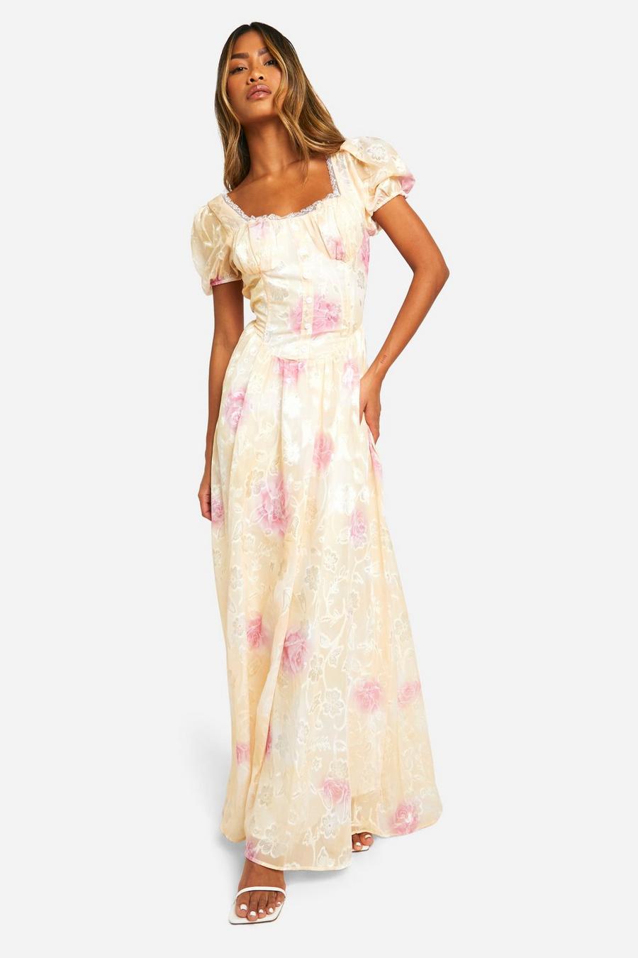 Yellow Floral Jacquard Puff Sleeve Milkmaid Maxi Dress image number 1