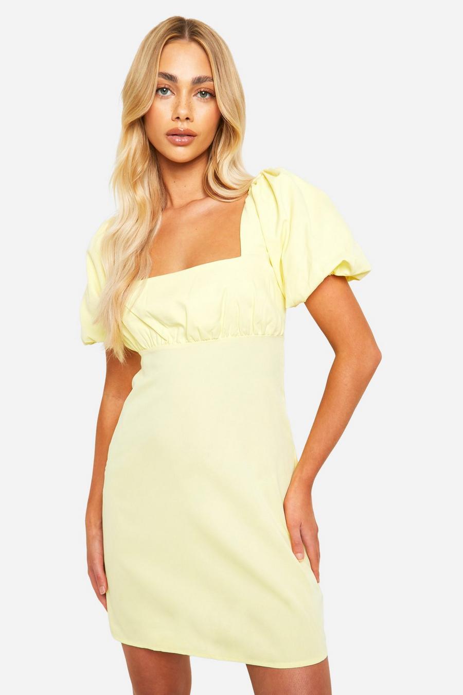 Yellow Poplin Puff Sleeve Mini Dress image number 1