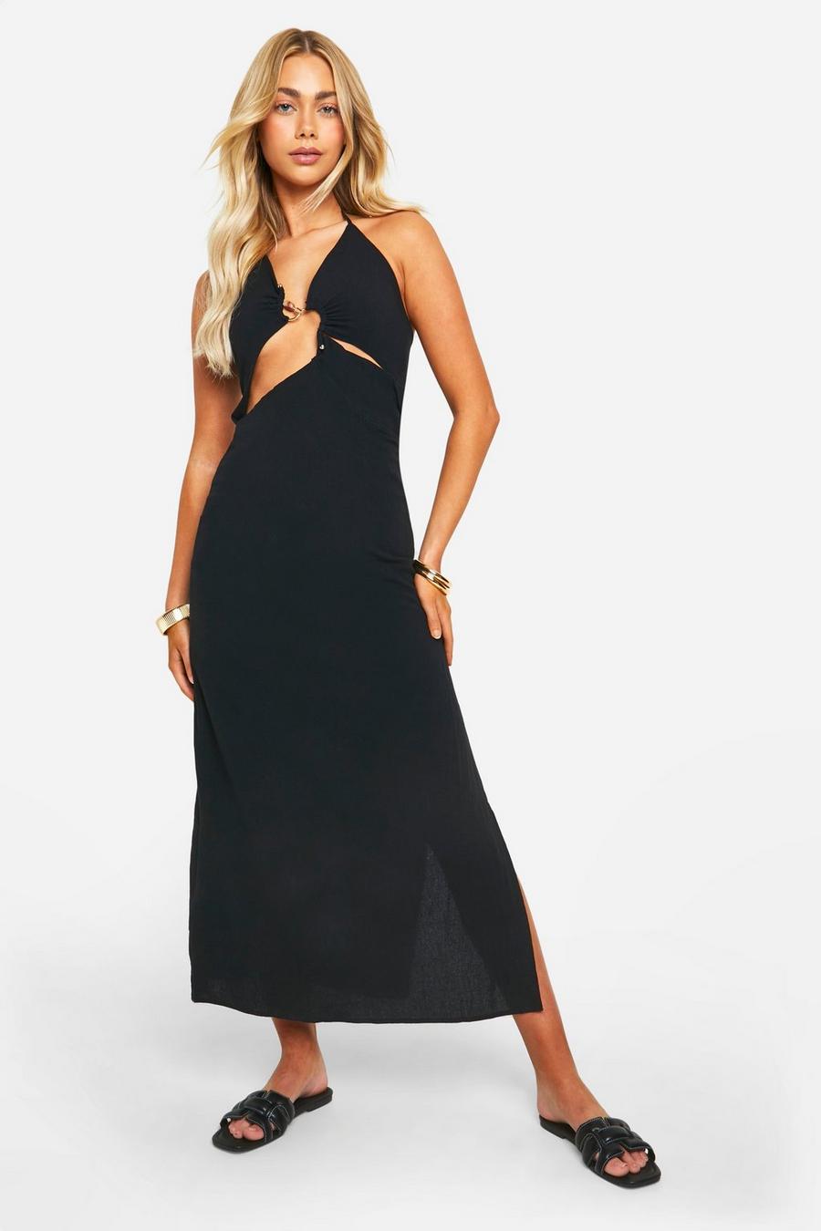 Black Linen Strappy Cut Out Maxi Dress image number 1