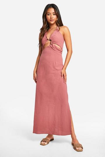 Rose Pink Linen Look Strappy Cut Out Maxi Dress