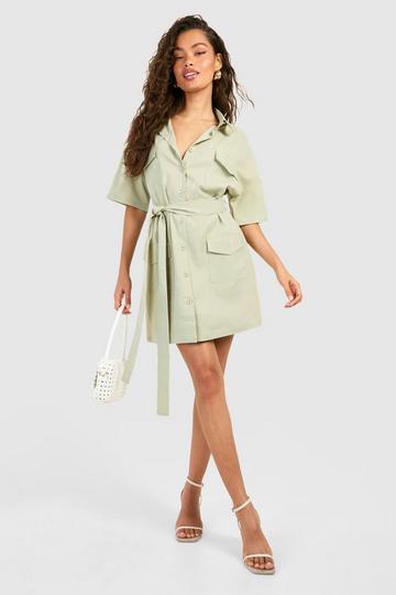 Sage Green Poplin Short Sleeve Utility Shirt Dress