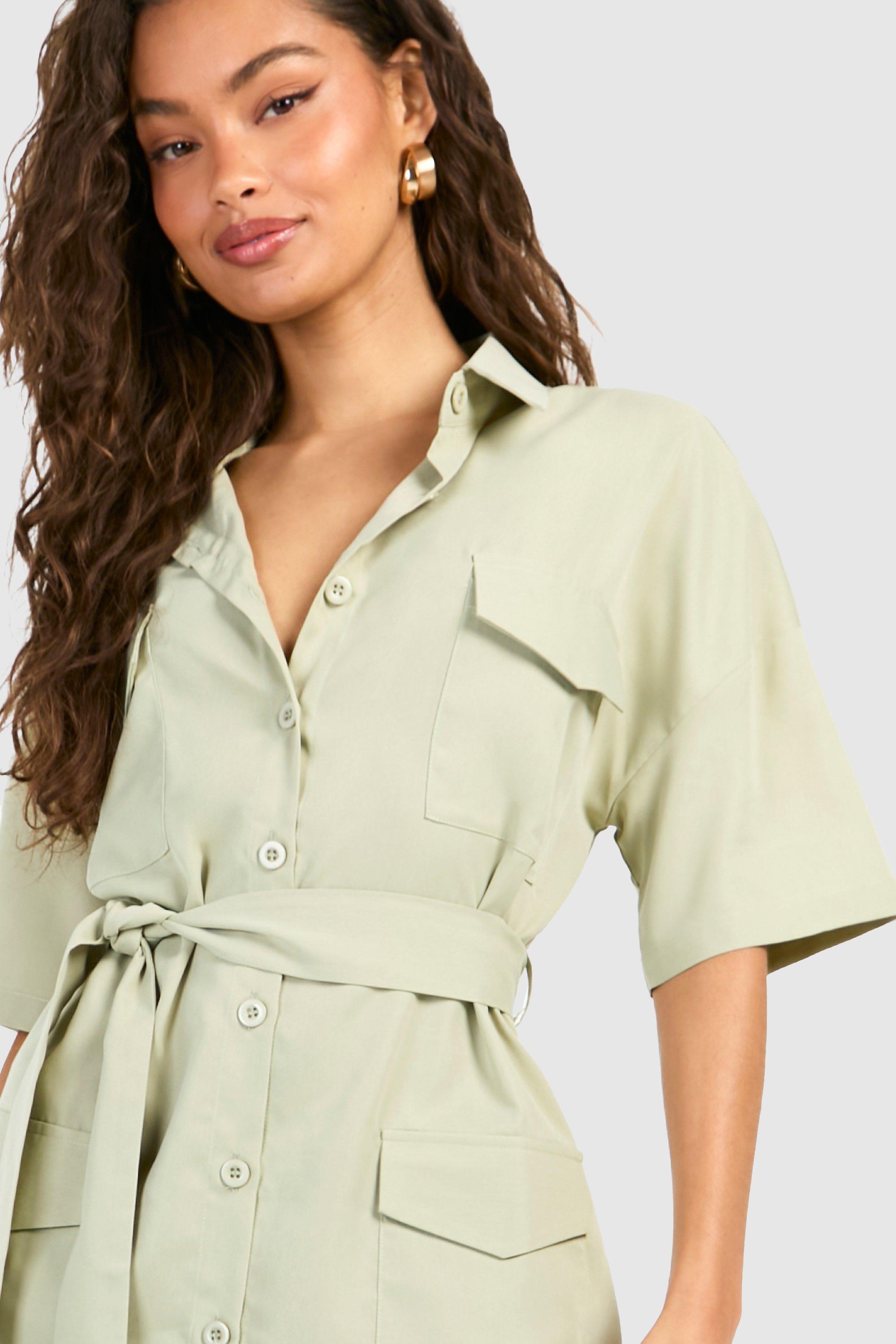 Poplin Short Sleeve Utility Shirt Dress | boohoo