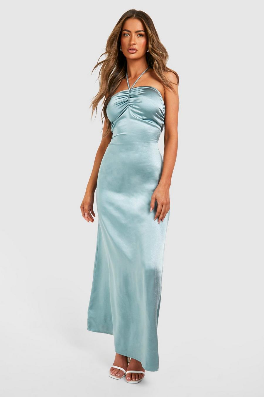 Dusty blue Satin Halterneck Rouched Maxi Slip Dress