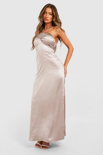 Satin Halter Ruched Maxi Slip Dress mushroom