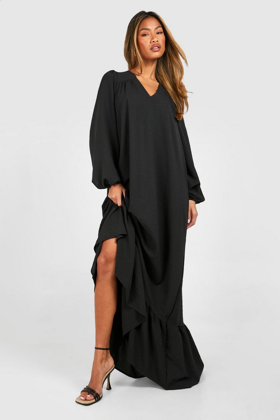 Black Textured Blouson Sleeve Midi Dress image number 1