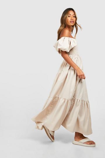 Tiered Shirred Midaxi Smock Dress stone