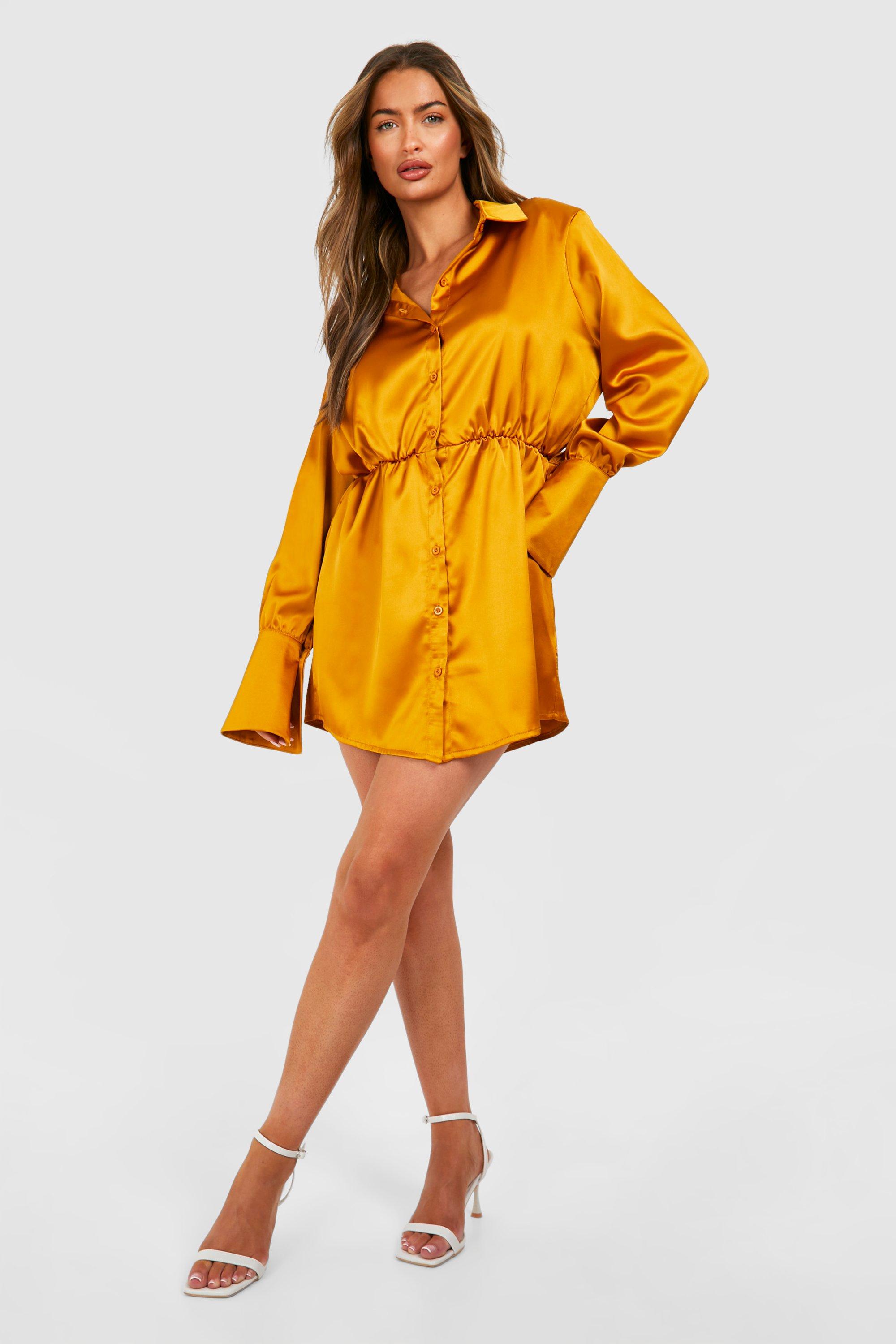 Satin Shoulder Pad Mini Shirt Dress