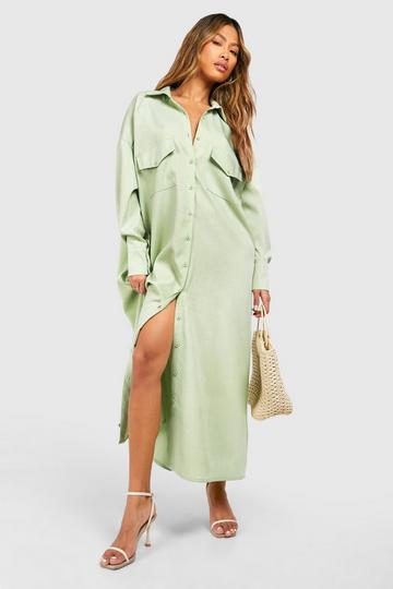Sage Green Linen Midaxi Utility Shirt Dress