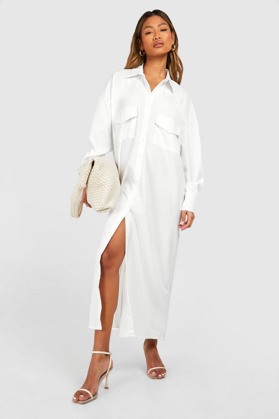 White Linen Midi Utility Shirt Dress image number 1