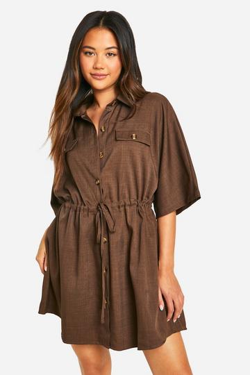 Linen Look Utility Skater Shirt Dress chocolate