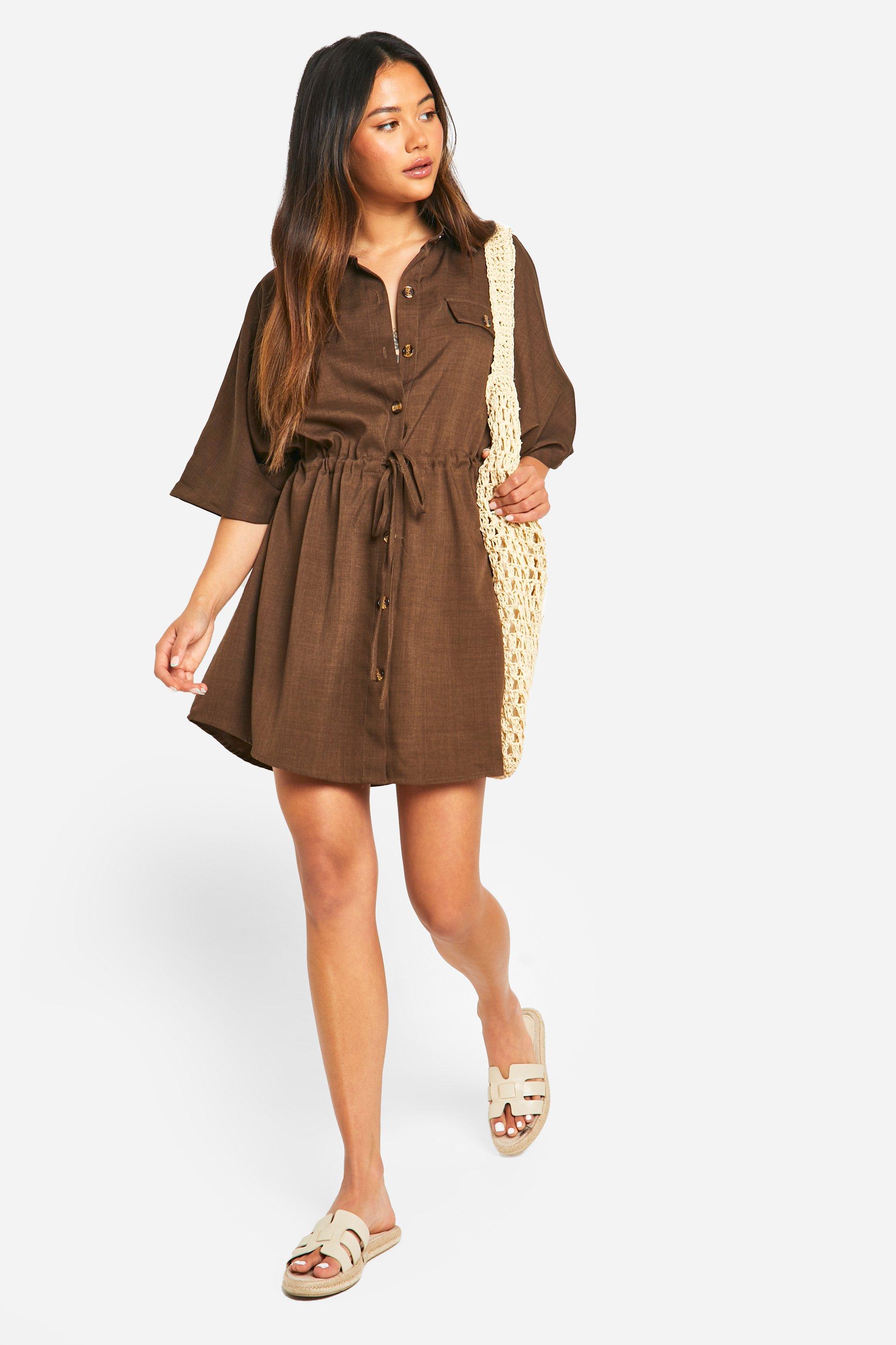 Linen Look Utility Skater Shirt Dress boohoo DK