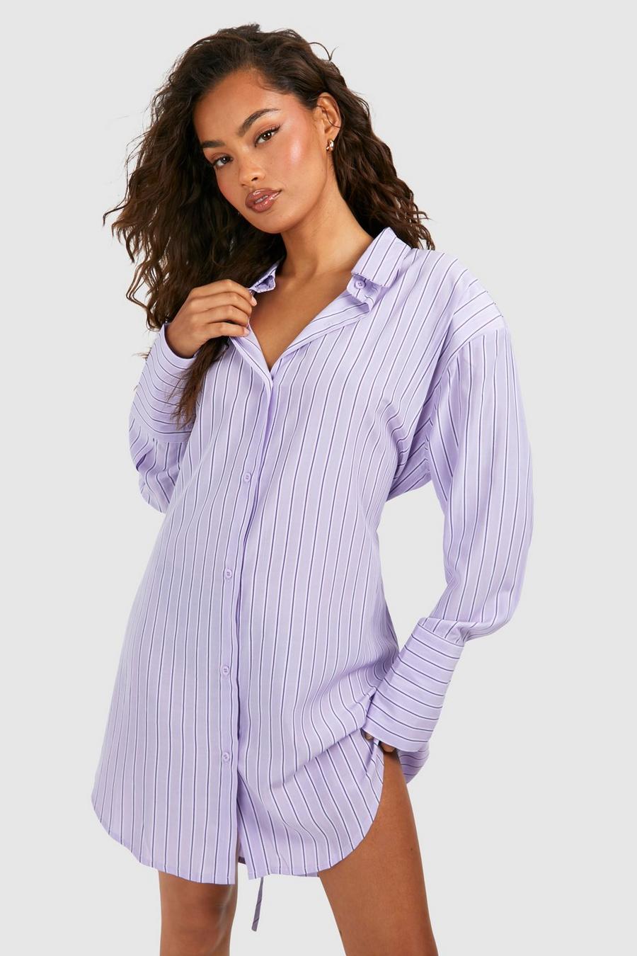 Purple Stripe Cinched Waist Shoulder Pad Shirt Dress