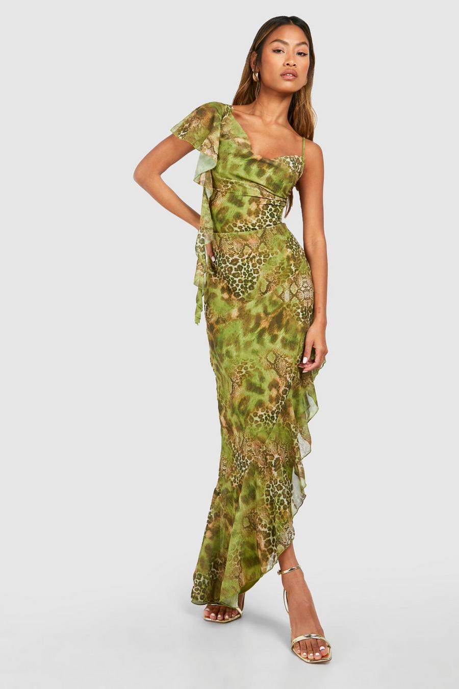 Vestido maxi con escote plisado y estampado de serpiente, Green image number 1