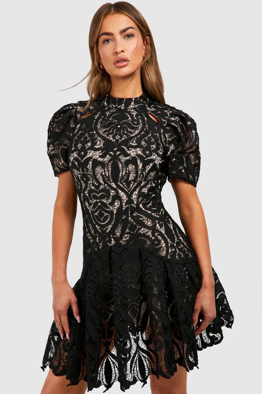 Black Premium Crochet Lace Puff Sleeve Mini Dress