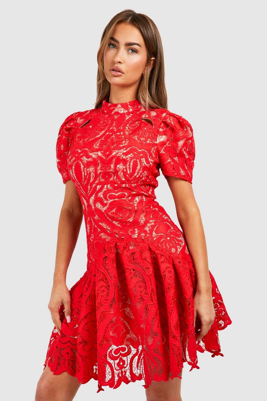 Red Premium Crochet Lace Puff Sleeve Mini Dress