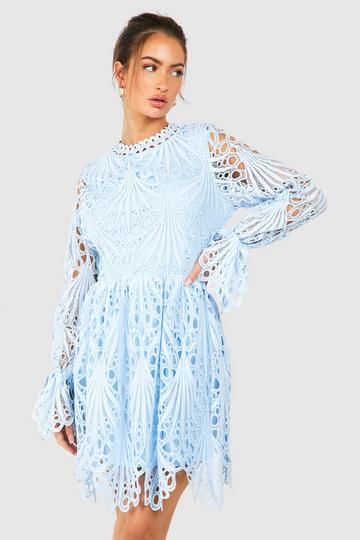 High Neck Flared Sleeve Lace Skater Dress blue