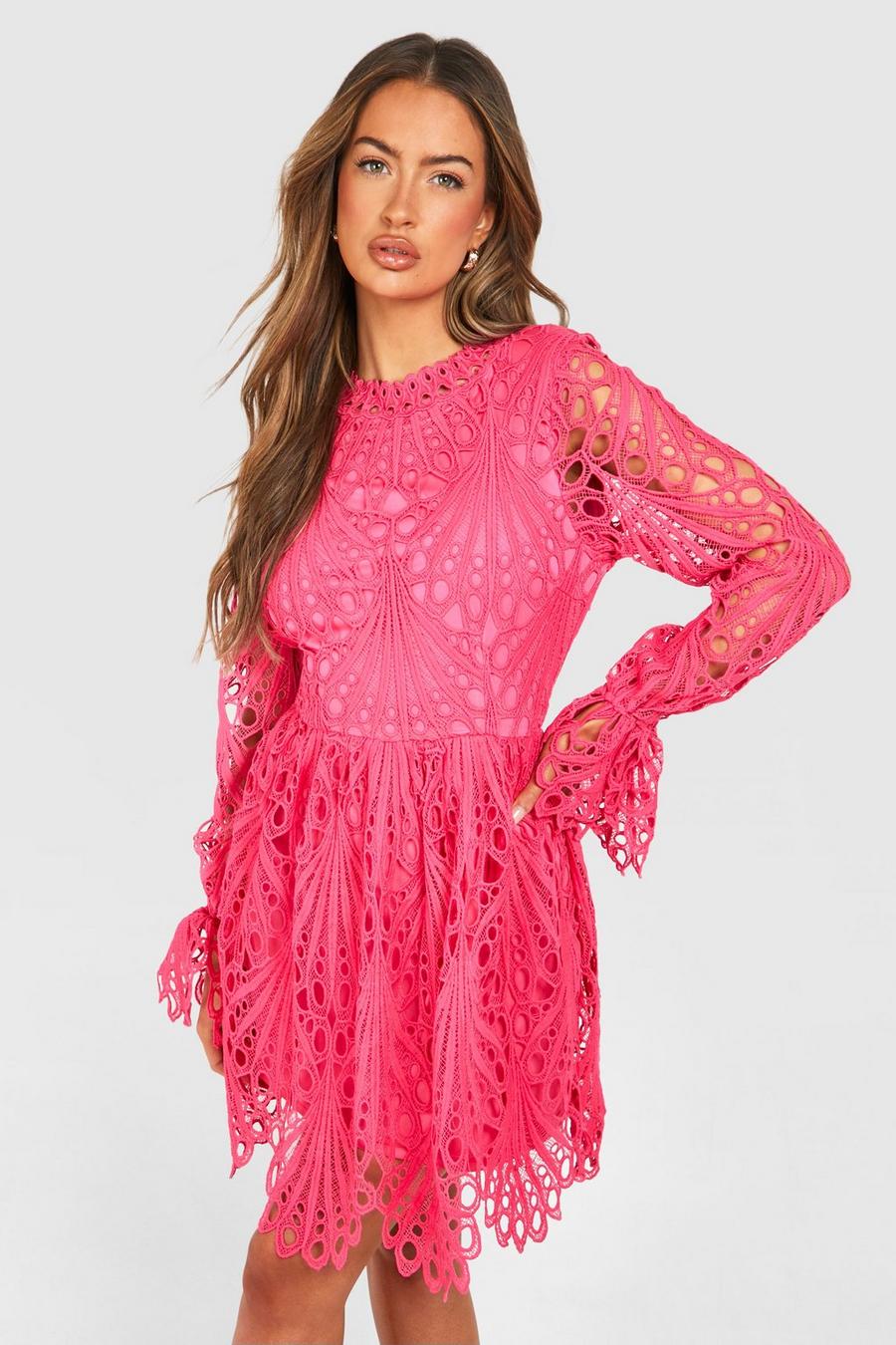 Hot pink High Neck Flared Sleeve Lace Skater Dress