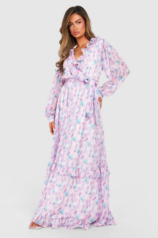 Blurred Floral Print Ruffle Detail Maxi Dress