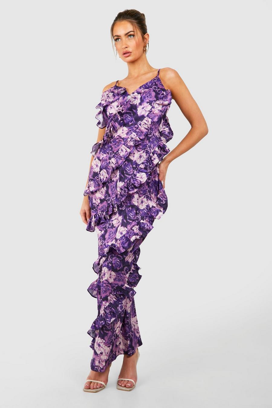 Vestito maxi con stampa a fiori e dettagli arricciati, Purple image number 1