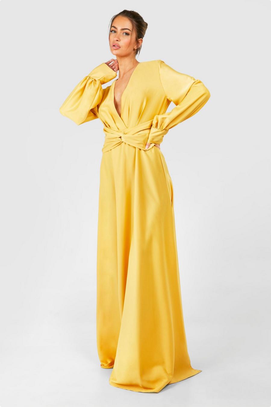 Mustard jaune Satin Twist Front Maxi Bridesmaid Dress
