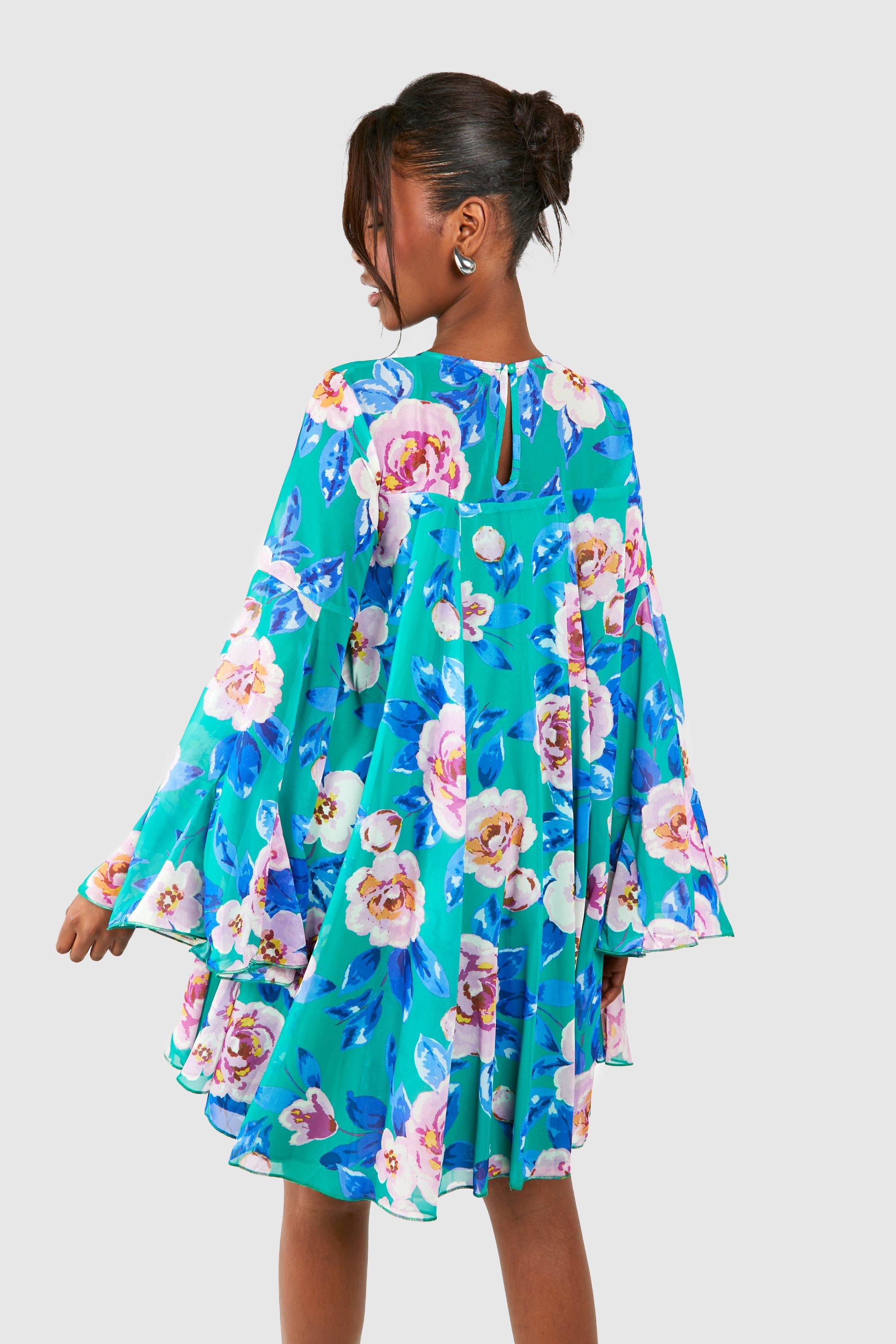 Floral Print Pleated Detail Smock Dress