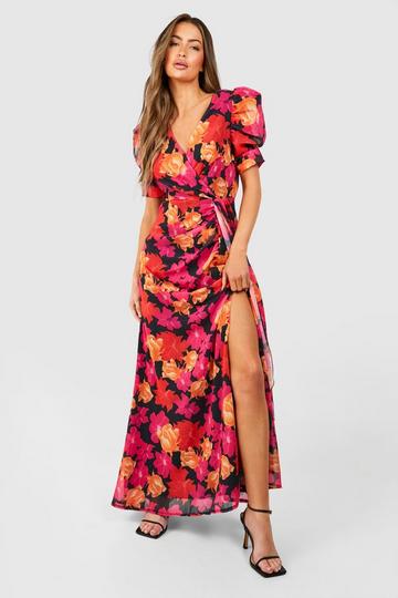 Floral Print Wrap Maxi Dress black