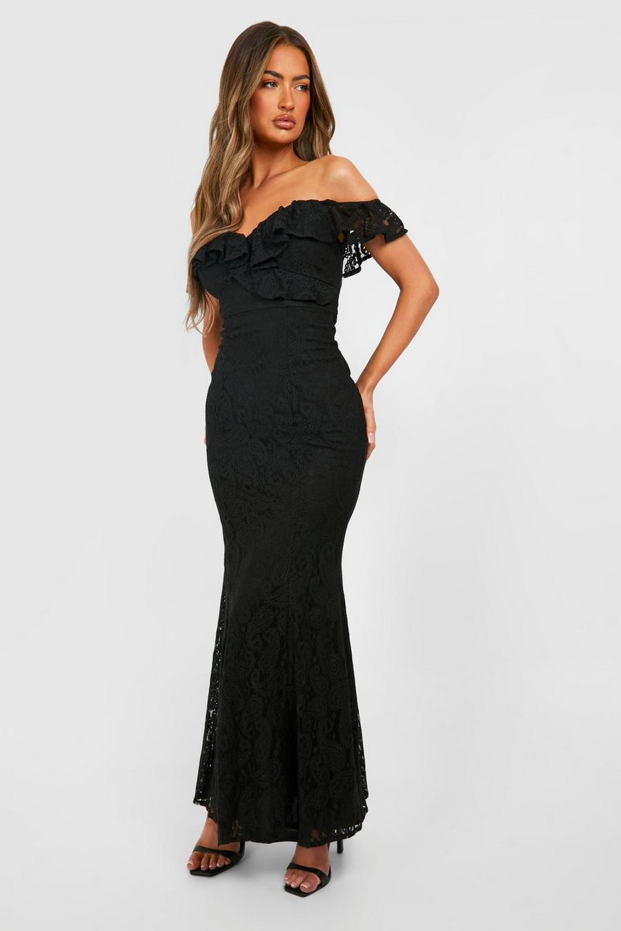 Black Lace Ruffle Bandeau Maxi Dress image number 1