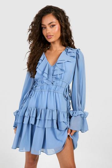 Gathered Waist Ruffle Detail Skater Dress dusty blue