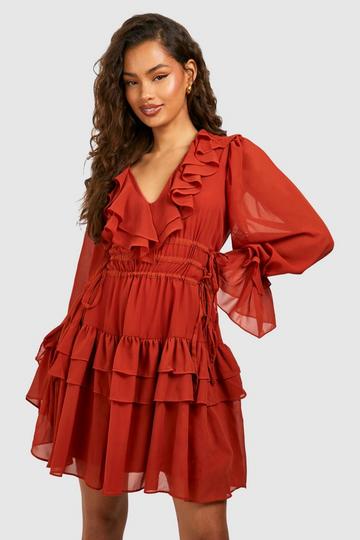 Rust Orange Gathered Waist Ruffle Detail Skater Dress