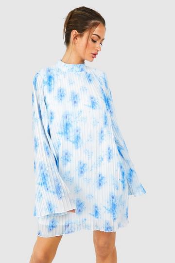 Geplooide Chiffon Bloemen Jurk Met Wijde Mouwen blue