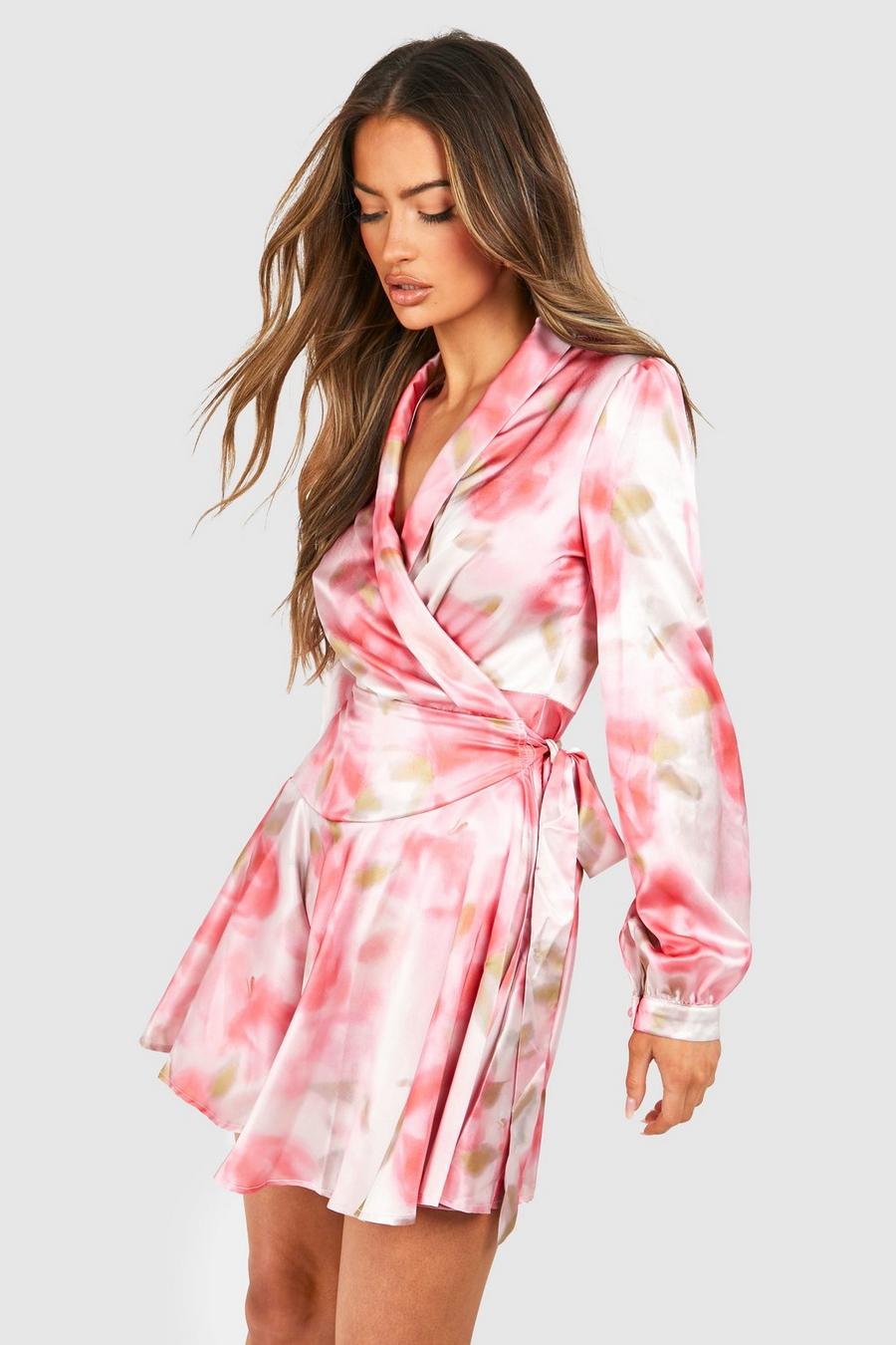 Pink Blommig kort klänning med omlott image number 1