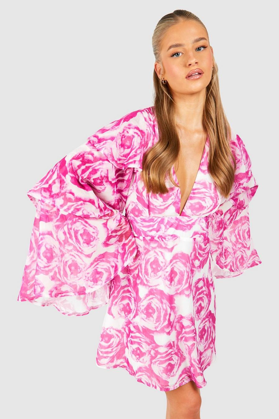 Pink Blommig klänning i chiffong med volangärm image number 1