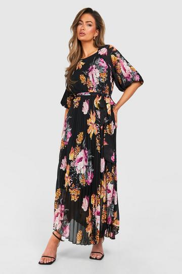 Black Floral Puff Sleeve Midi Dress