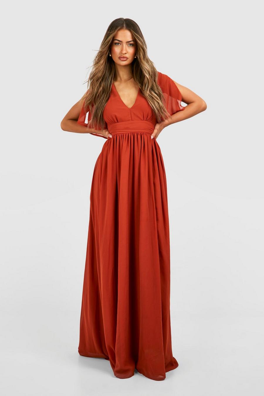 Rust Chiffon Plunge Rouched Maxi Dress image number 1
