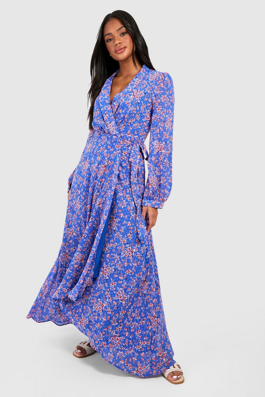 Blue Floral Wrap Belted Maxi Dress fit image number 1