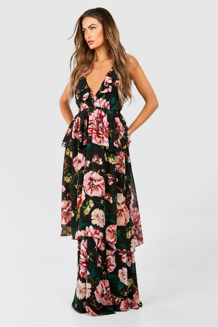 Black Floral Tiered Ruffle Maxi Dress image number 1