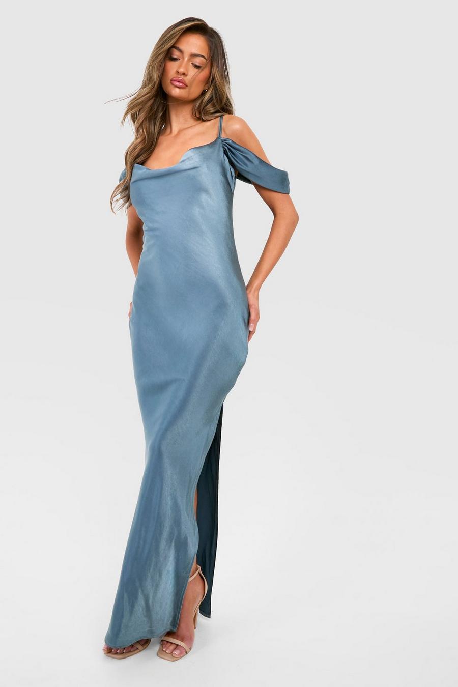 Dusty blue Bridesmaid Satin Cold Shoulder Maxi Dress