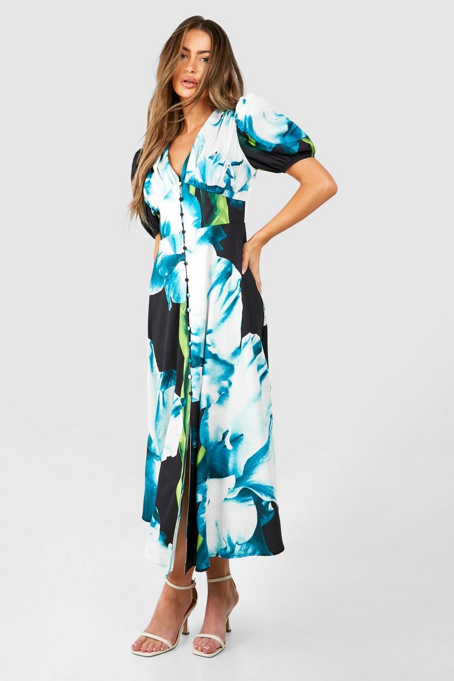 Blue Floral Puff Sleeve Button Through Midi Dress image number 1