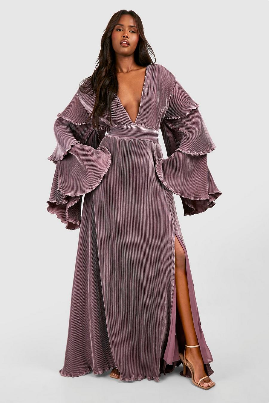 Mauve purple Layered Ruffle Sleeve Maxi Dress