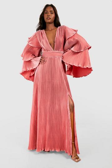 Rose Pink Layered Ruffle Sleeve Maxi Dress