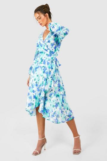 Blue Floral Wrap Belted Midi Dress