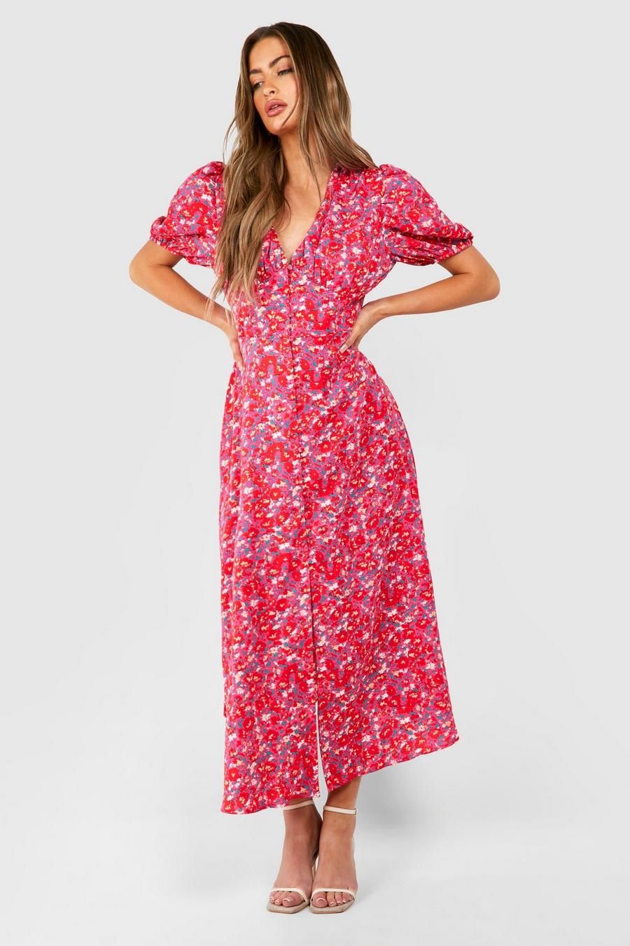 Pink Floral Puff Sleeve Button Through Midi Dress image number 1